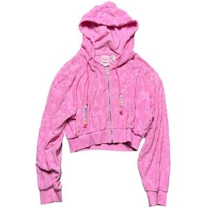Barbie x Forever 21 Women's Terry Textured Floral Cropped Pink Hooded Size Large